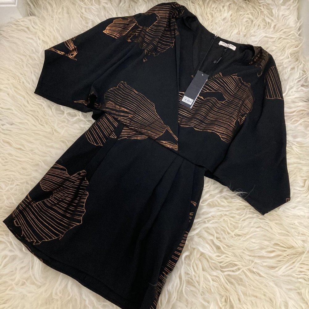 HALSTON HERITAGE Kimono-sleeve Faux-wrap Printed Dress In Black Antique - Picture 2 of 15